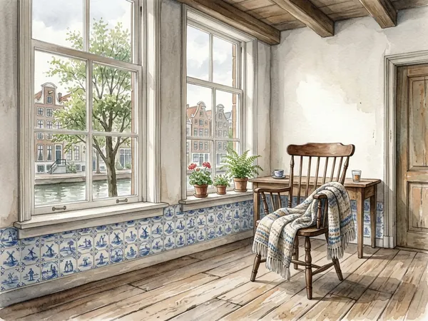 Illustration of a Dutch senior care home interior overlooking a canal